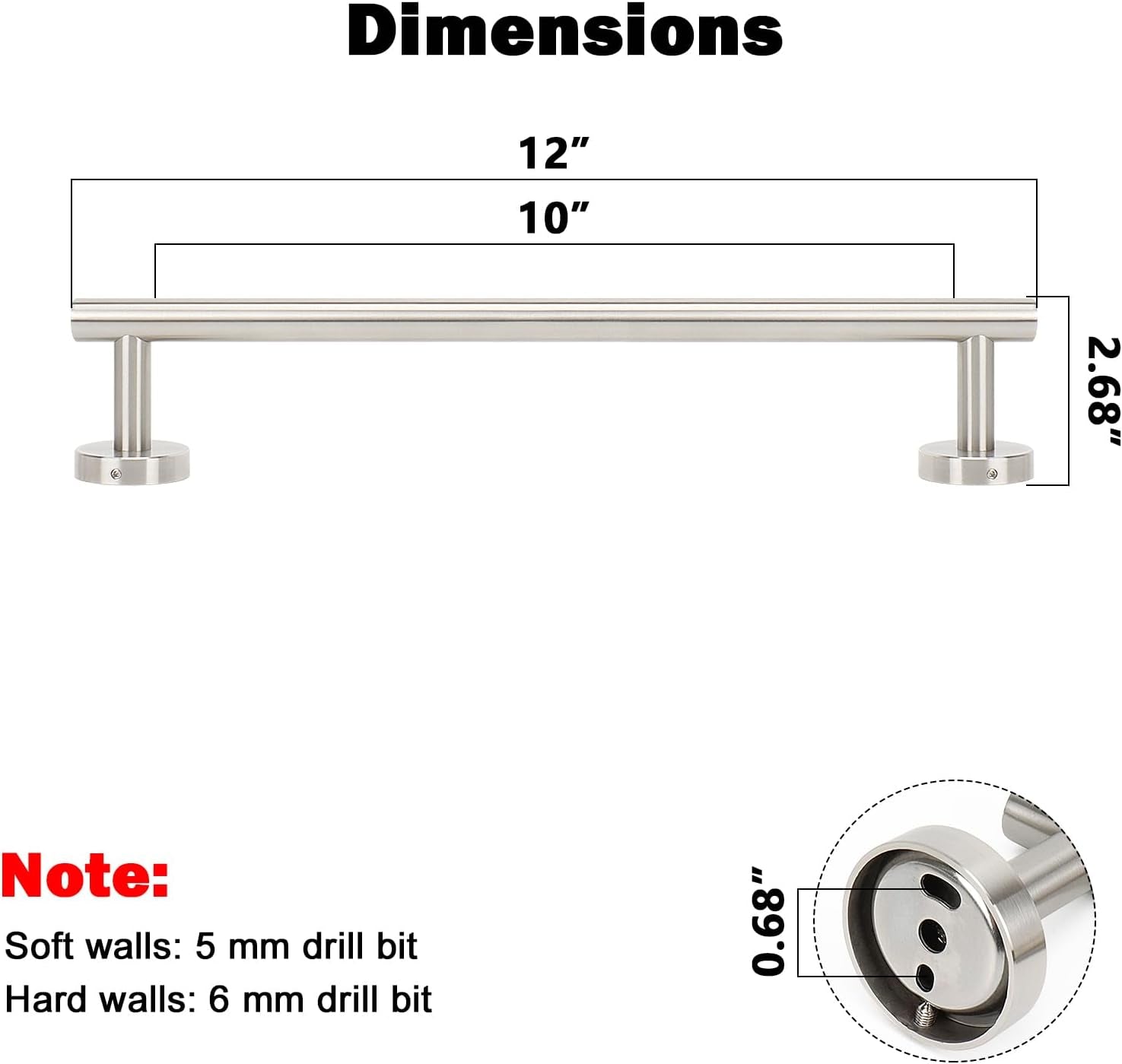 Premium Brushed Nickel Towel Bar — Heavy-Duty Thickened Stainless Steel Wall-Mounted Bathroom Towel Rack, 12” Overall Length with 10” Usable Hanging Space (1 Pack)