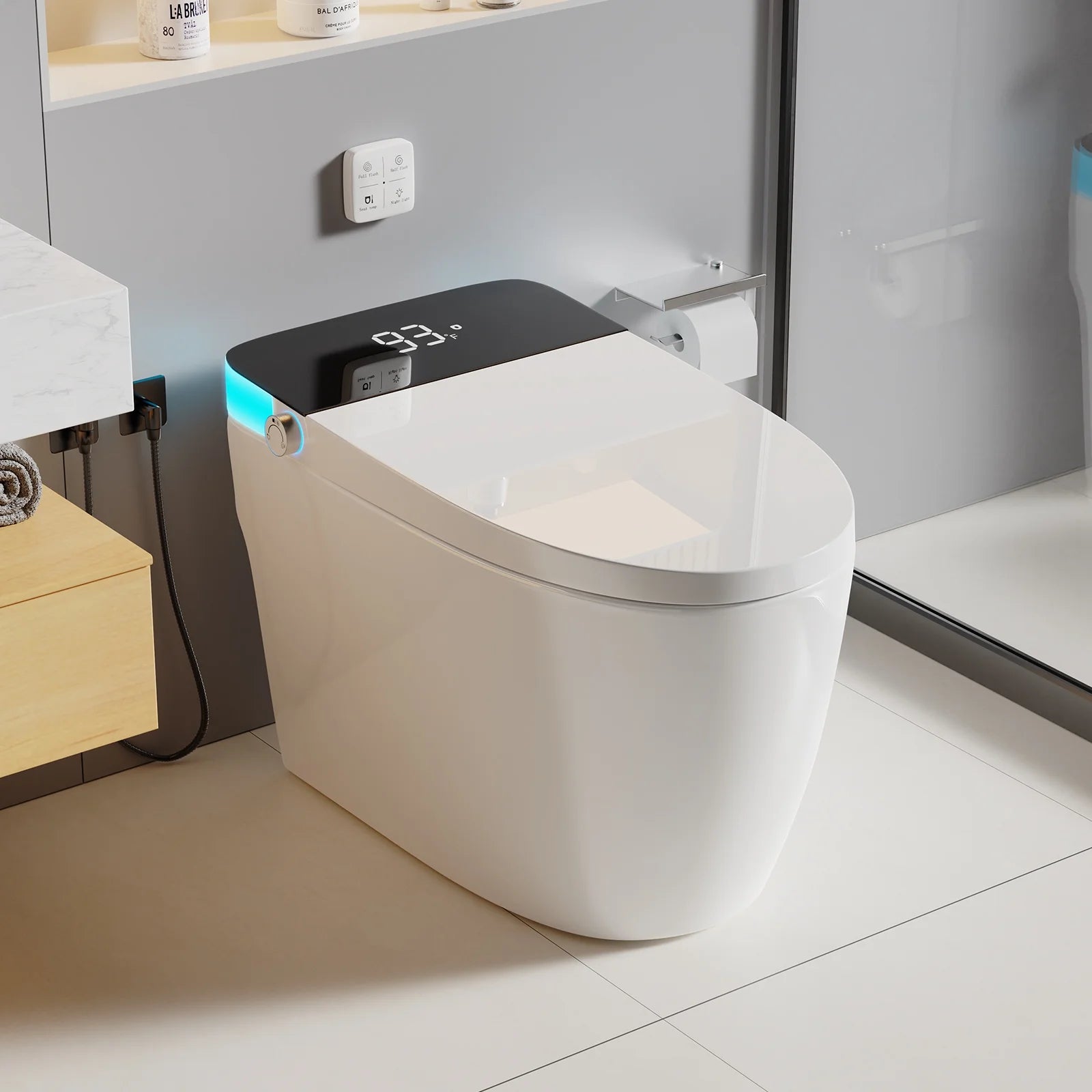 Smart One-Piece Toilet with Heated Seat & Auto Flush – Foot Sensor Control, Night Light, Quiet-Close Lid, Dual Flush, 110V