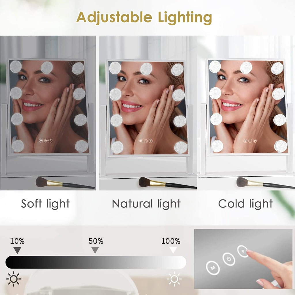 Hollywood-Style LED Vanity Makeup Mirror — 3 Color Lighting Modes, 9 Dimmable Diamond LED Bulbs, 10X Detachable Magnifier, 360° Rotation, Smart Touch Control (White)