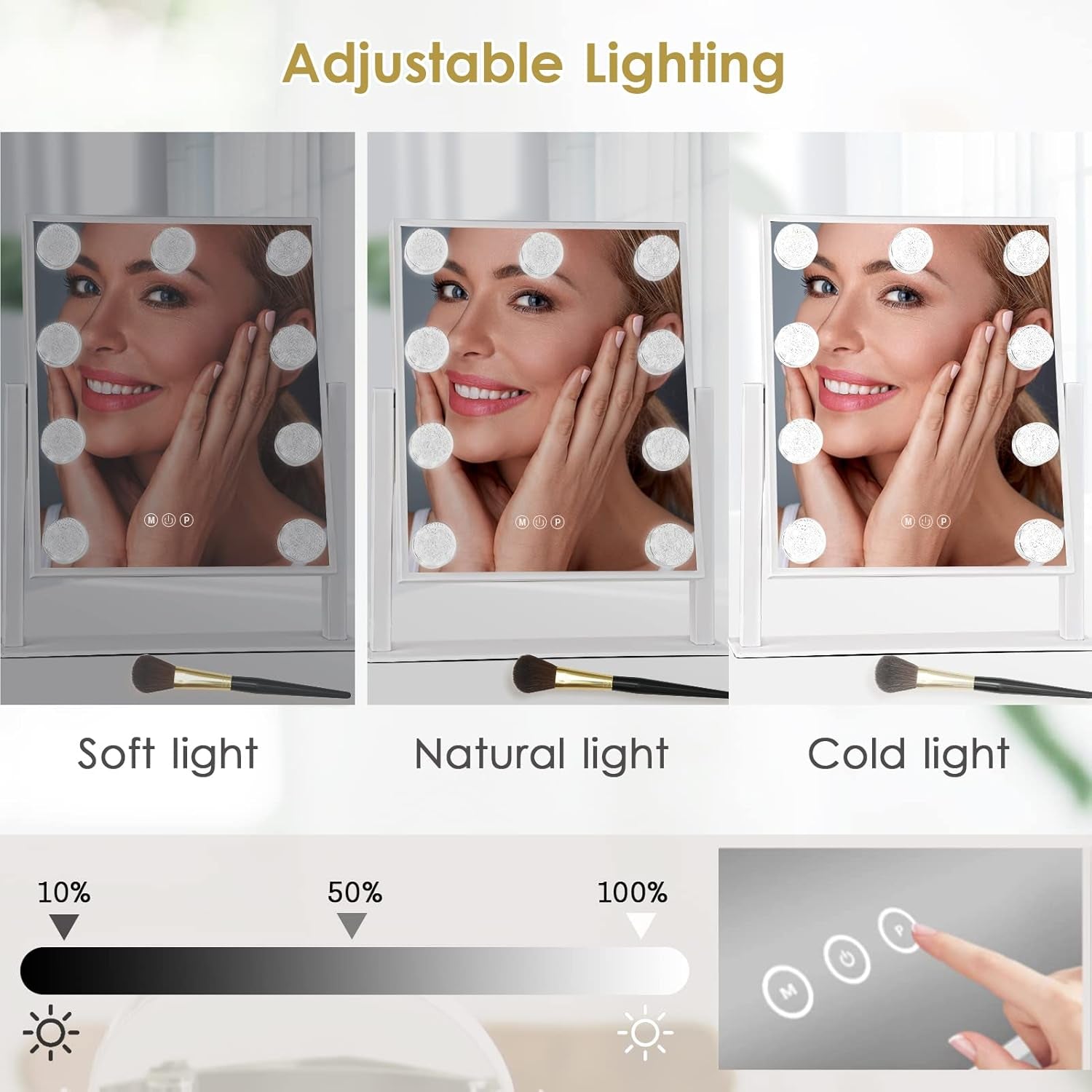 Hollywood-Style LED Vanity Makeup Mirror — 3 Color Lighting Modes, 9 Dimmable Diamond LED Bulbs, 10X Detachable Magnifier, 360° Rotation, Smart Touch Control (White)