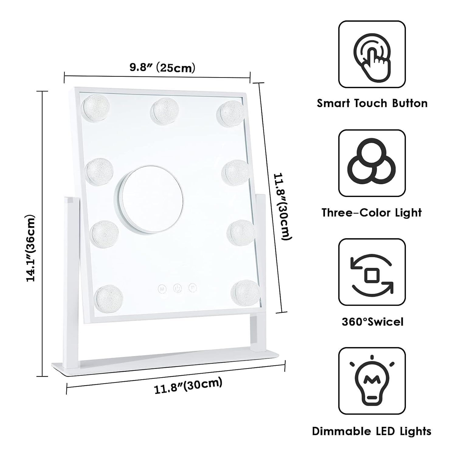 Hollywood-Style LED Vanity Makeup Mirror — 3 Color Lighting Modes, 9 Dimmable Diamond LED Bulbs, 10X Detachable Magnifier, 360° Rotation, Smart Touch Control (White)