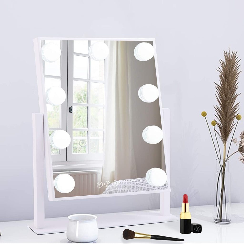 Hollywood-Style LED Vanity Makeup Mirror — 3 Color Lighting Modes, 9 Dimmable Diamond LED Bulbs, 10X Detachable Magnifier, 360° Rotation, Smart Touch Control (White)