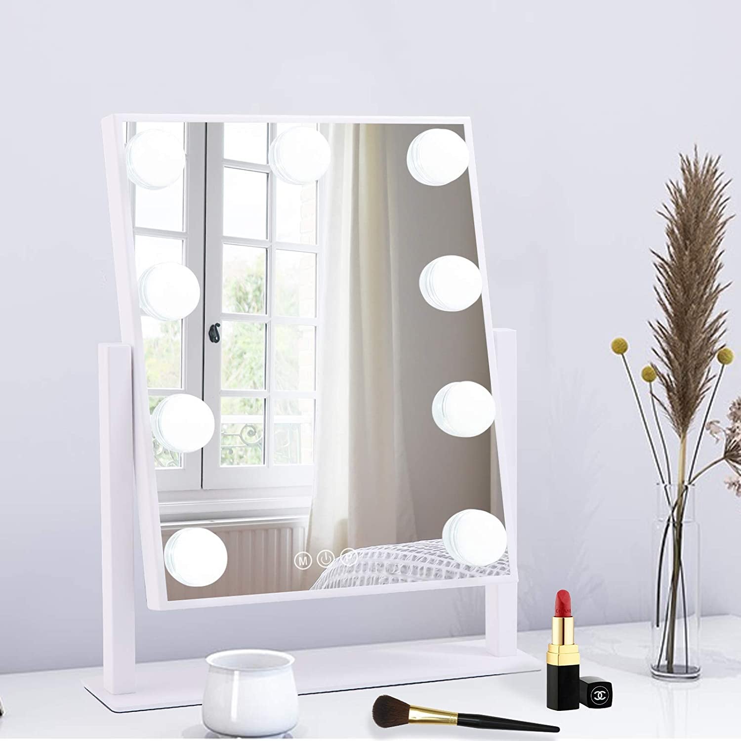 Hollywood-Style LED Vanity Makeup Mirror — 3 Color Lighting Modes, 9 Dimmable Diamond LED Bulbs, 10X Detachable Magnifier, 360° Rotation, Smart Touch Control (White)