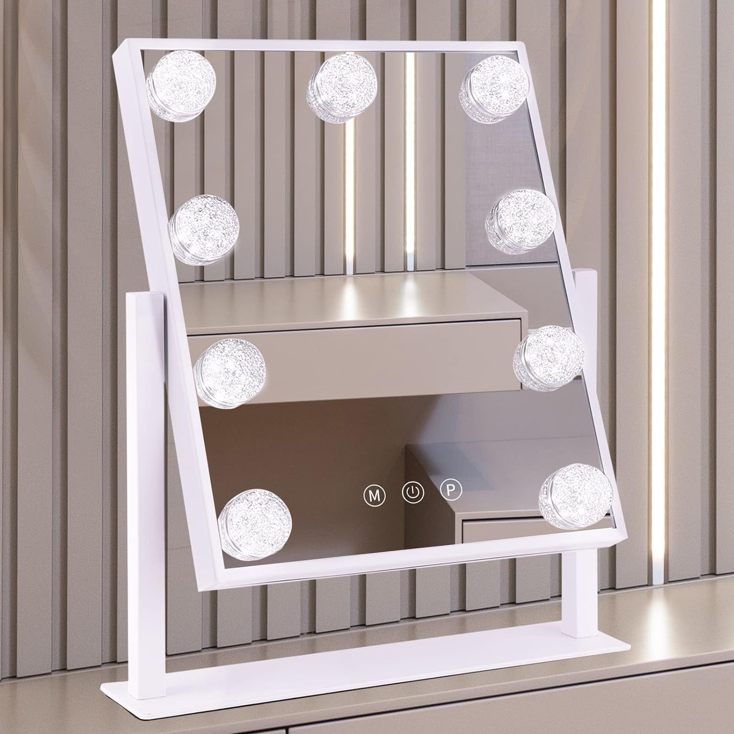 Hollywood-Style LED Vanity Makeup Mirror — 3 Color Lighting Modes, 9 Dimmable Diamond LED Bulbs, 10X Detachable Magnifier, 360° Rotation, Smart Touch Control (White)