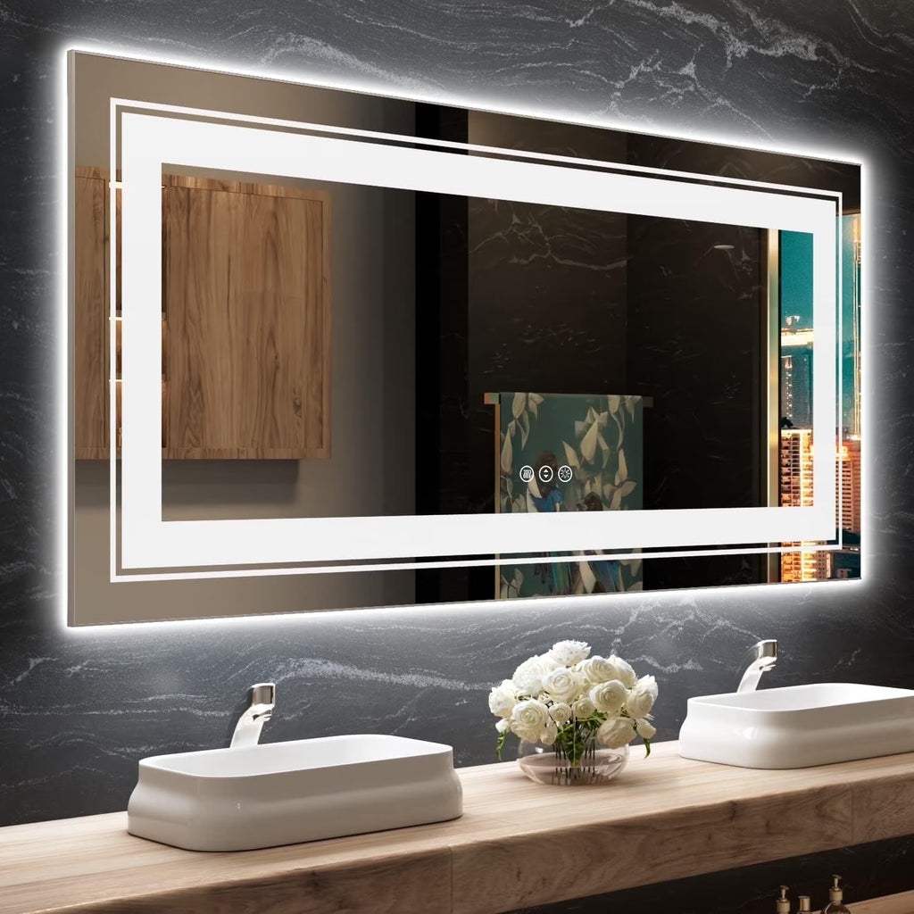28” x 36” Smart LED Bathroom Vanity Mirror — Dual Front & Backlit Illumination, Anti-Fog Technology, 3-Color Dimmable Lighting with Memory Touch Control