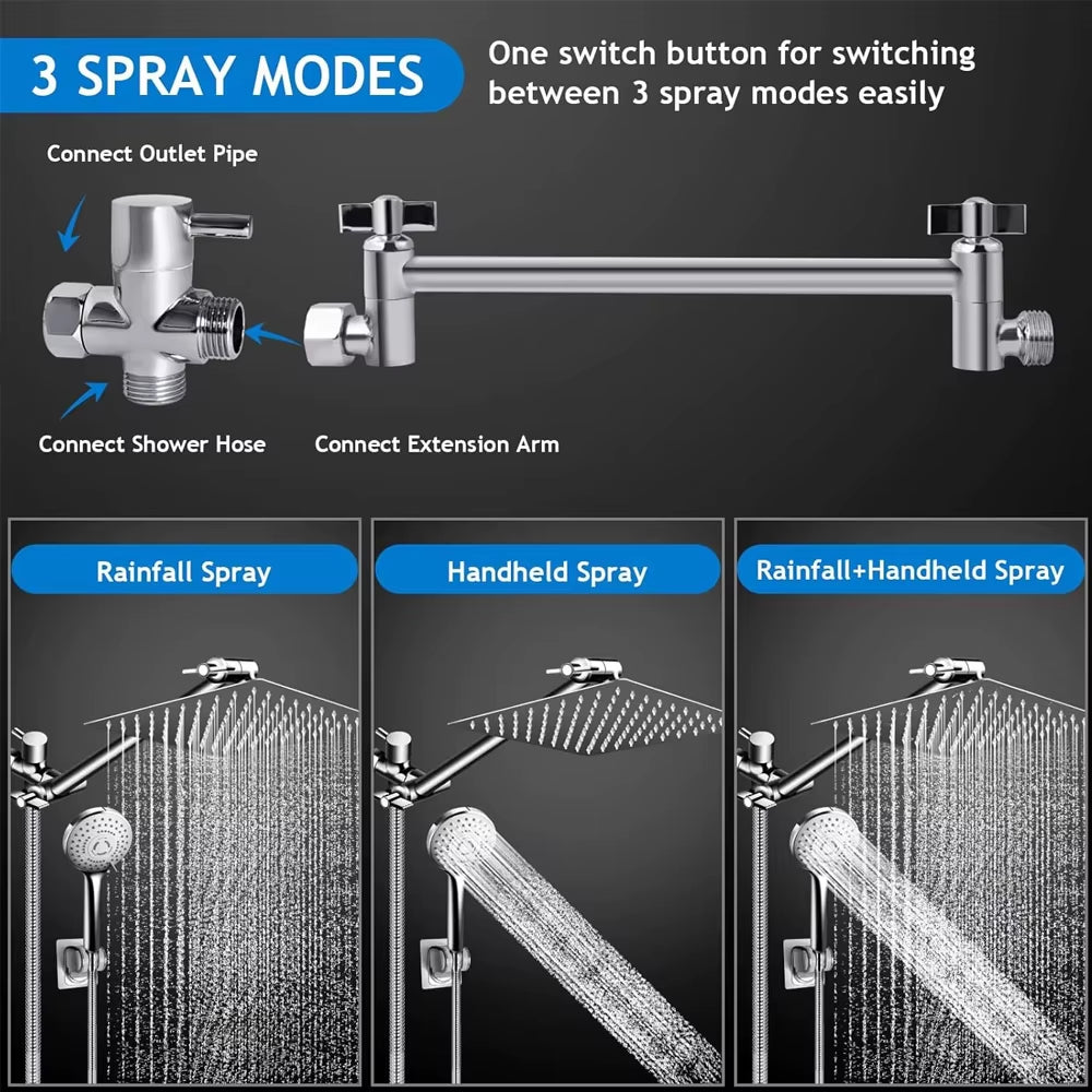 High-Pressure Rain Shower Head Combo (8–12 Inch) with Adjustable Extension Arm & 3-Way Handheld Spray
