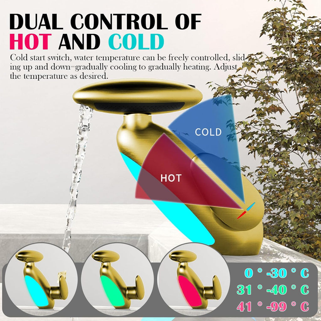 Modern Bathroom Faucet with Pull-Out Sprayer & LED Color-Changing Light, Waterfall Fountain 360° Swivel – 4 Spray Modes