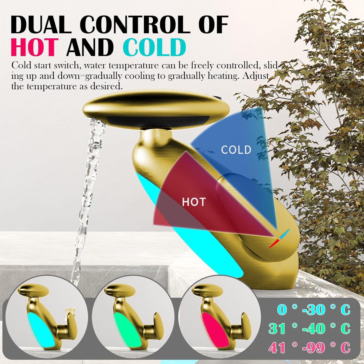 Modern Bathroom Faucet with Pull-Out Sprayer & LED Color-Changing Light, Waterfall Fountain 360° Swivel – 4 Spray Modes