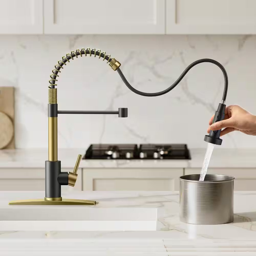 Single Handle Pull down Sprayer Kitchen Faucet with Deckplate and Swivel Spout in Black Gold