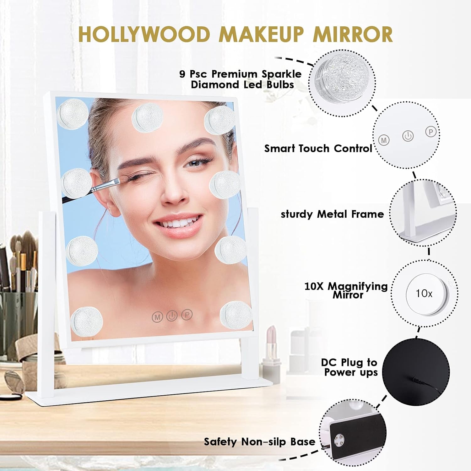 Hollywood-Style LED Vanity Makeup Mirror — 3 Color Lighting Modes, 9 Dimmable Diamond LED Bulbs, 10X Detachable Magnifier, 360° Rotation, Smart Touch Control (White)