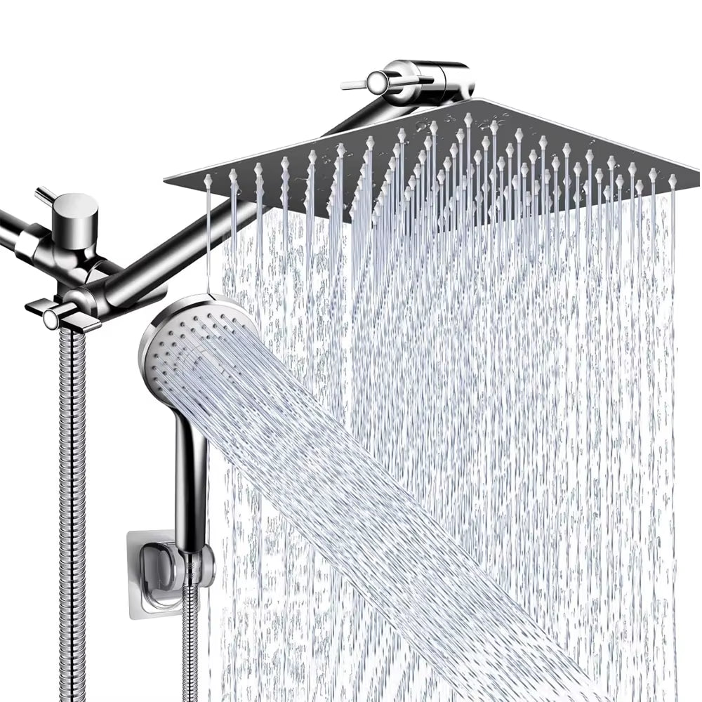 High-Pressure Rain Shower Head Combo (8–12 Inch) with Adjustable Extension Arm & 3-Way Handheld Spray