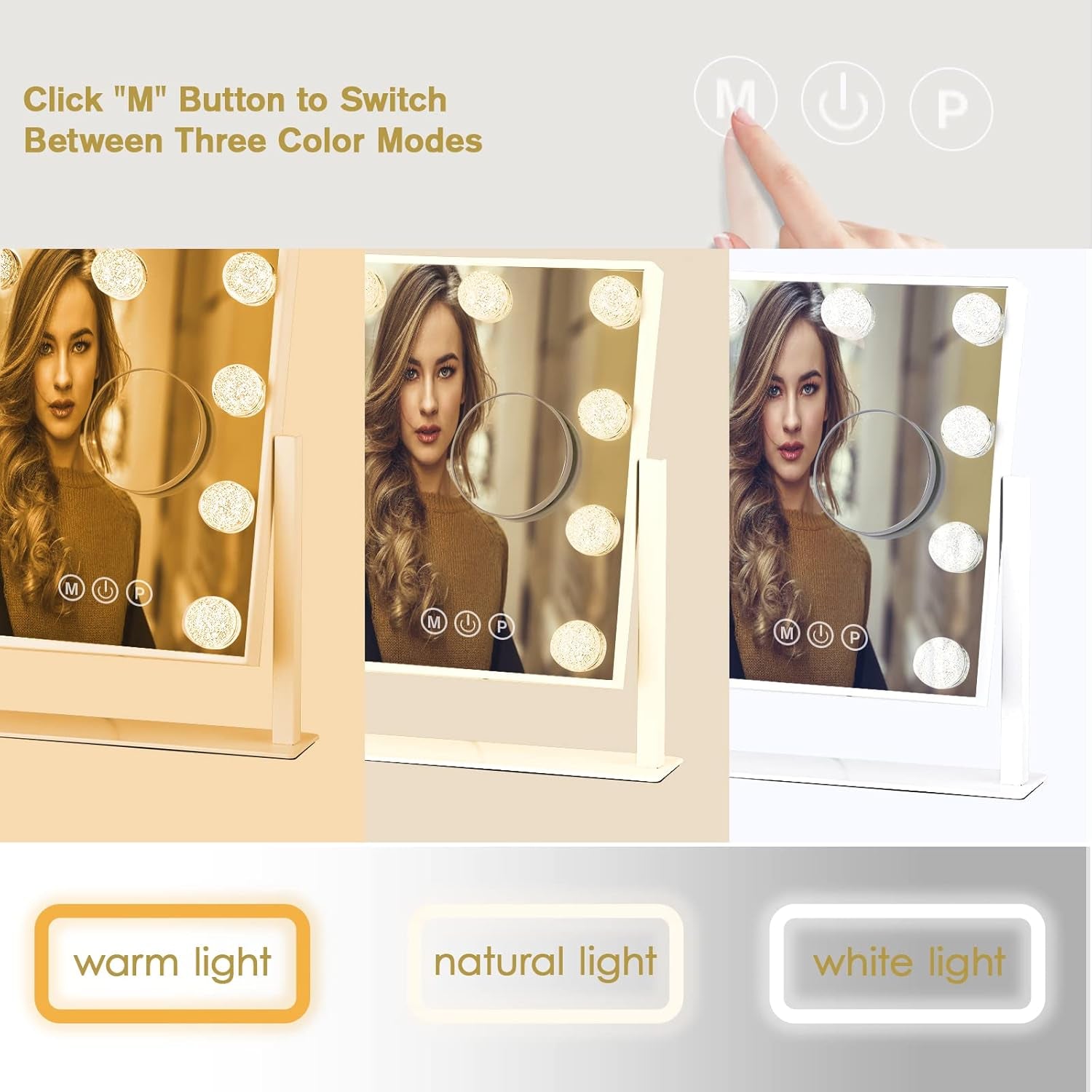 Hollywood-Style LED Vanity Makeup Mirror — 3 Color Lighting Modes, 9 Dimmable Diamond LED Bulbs, 10X Detachable Magnifier, 360° Rotation, Smart Touch Control (White)