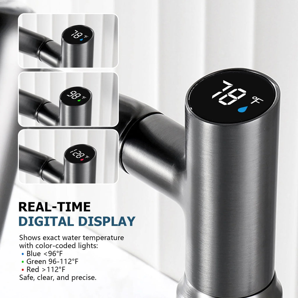 Single-Hole Rotating Faucet with Digital Temperature Display – Modern Design for Precise Water Control
