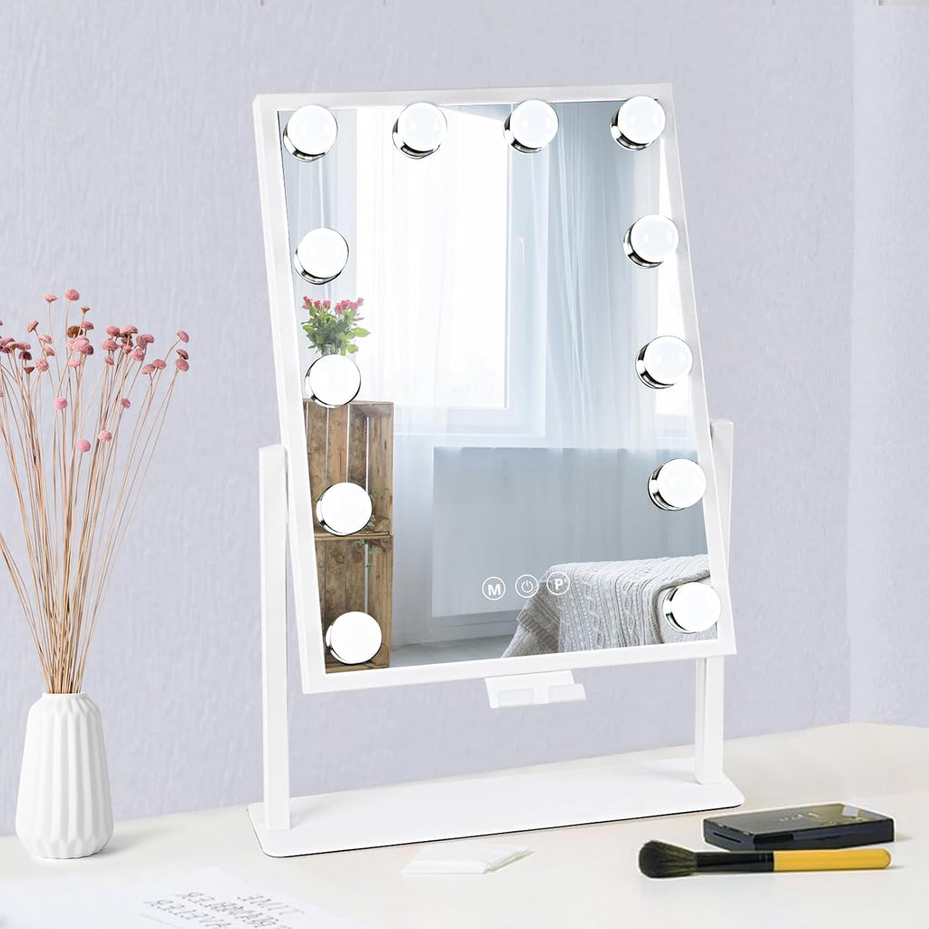 Hollywood-Style LED Vanity Makeup Mirror — 3 Color Lighting Modes, 9 Dimmable Diamond LED Bulbs, 10X Detachable Magnifier, 360° Rotation, Smart Touch Control (White)