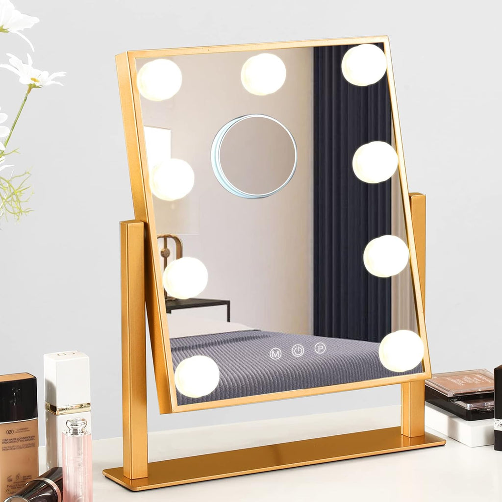 Hollywood-Style LED Vanity Makeup Mirror — 3 Color Lighting Modes, 9 Dimmable Diamond LED Bulbs, 10X Detachable Magnifier, 360° Rotation, Smart Touch Control (White)
