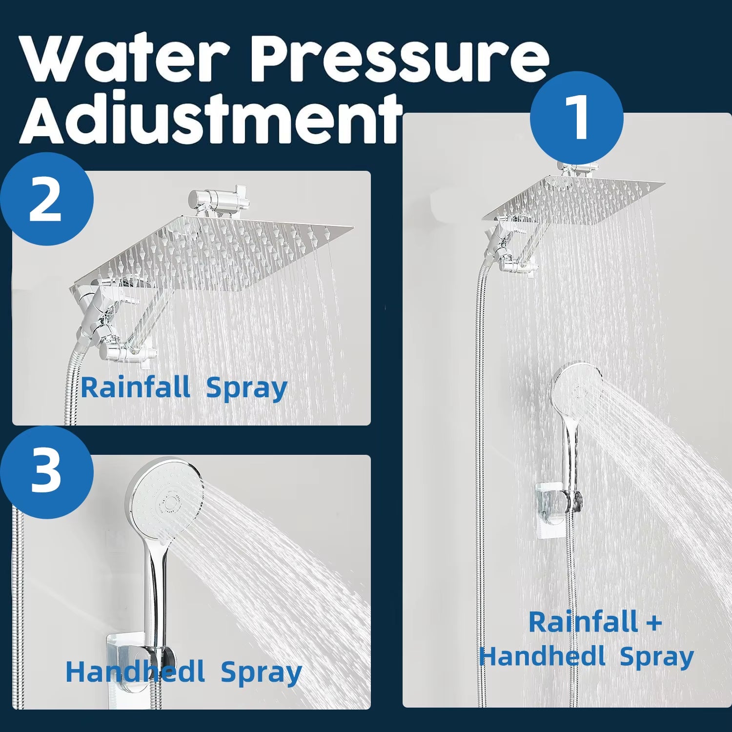 High-Pressure Rain Shower Head Combo (8–12 Inch) with Adjustable Extension Arm & 3-Way Handheld Spray