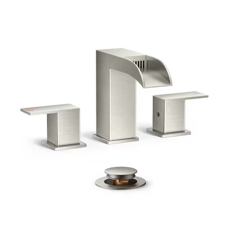 Brushed Gold Widespread Bathroom Sink Faucet – Dual Handle Waterfall Design with Drain, Commercial & Residential Use