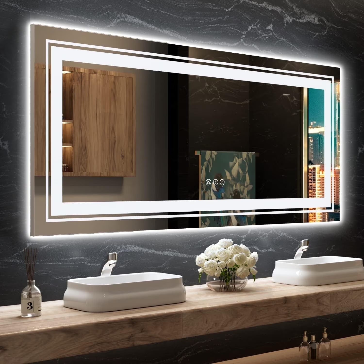 28” x 36” Smart LED Bathroom Vanity Mirror — Dual Front & Backlit Illumination, Anti-Fog Technology, 3-Color Dimmable Lighting with Memory Touch Control