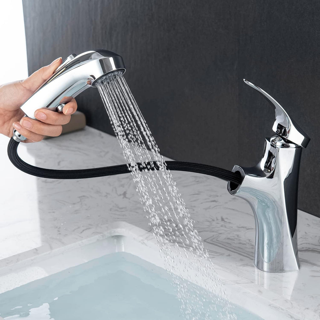 Pull-Out Bathroom Faucet – Single-Hole Modern  Faucet with 3-Mode Sprayer & Single-Handle Control