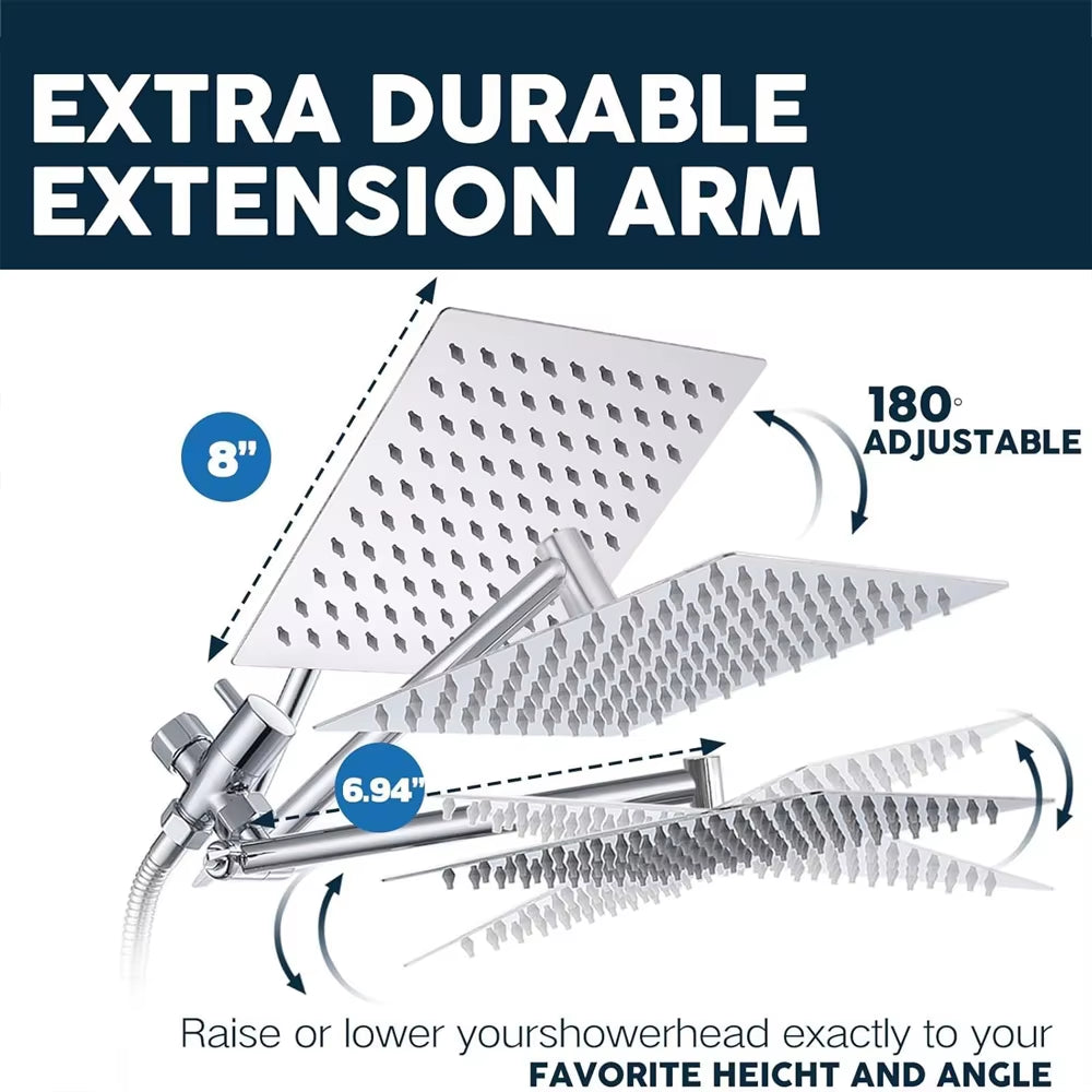 High-Pressure Rain Shower Head Combo (8–12 Inch) with Adjustable Extension Arm & 3-Way Handheld Spray