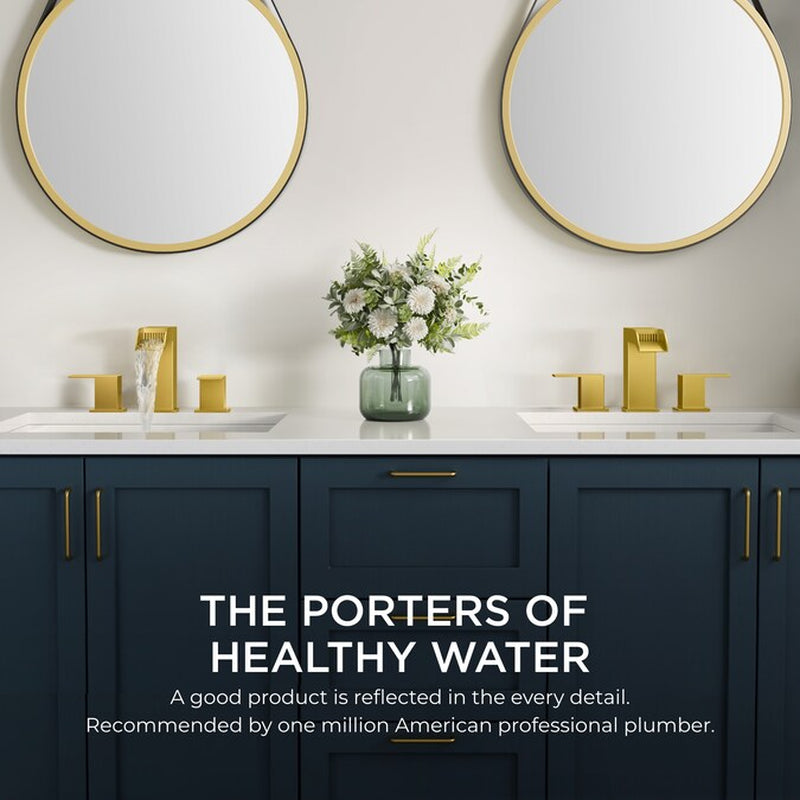 Brushed Gold Widespread Bathroom Sink Faucet – Dual Handle Waterfall Design with Drain, Commercial & Residential Use