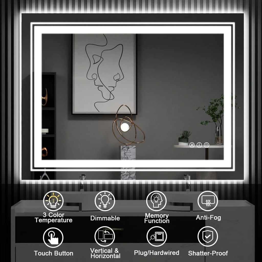 28” x 36” Smart LED Bathroom Vanity Mirror — Dual Front & Backlit Illumination, Anti-Fog Technology, 3-Color Dimmable Lighting with Memory Touch Control