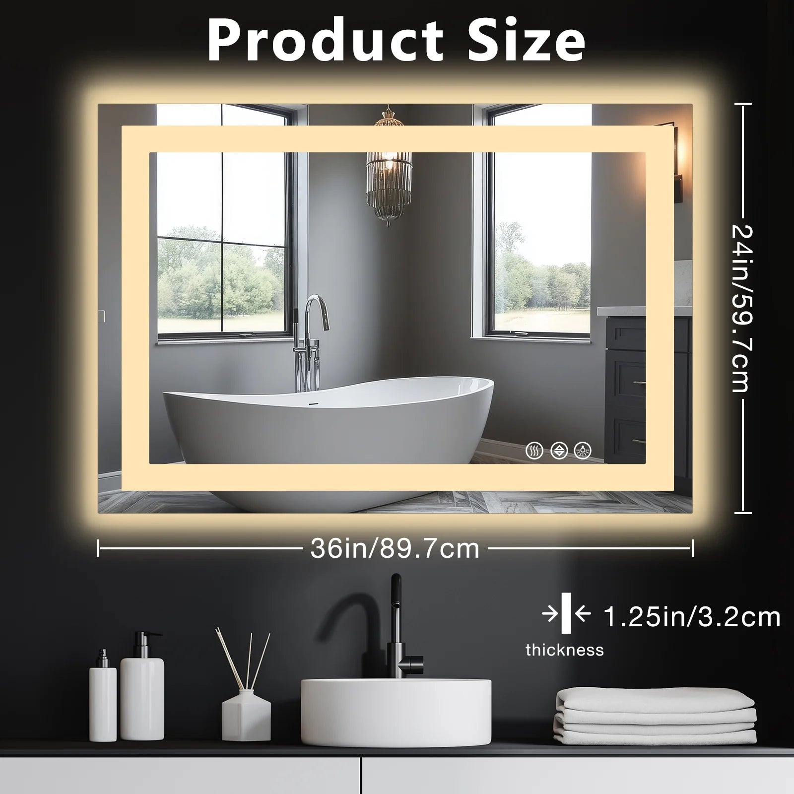 24” x 36” Smart LED Bathroom Vanity Mirror — Anti-Fog, Dimmable Backlit & Front-Lit Illumination, Memory Touch Control, Shatter-Proof Tempered Glass