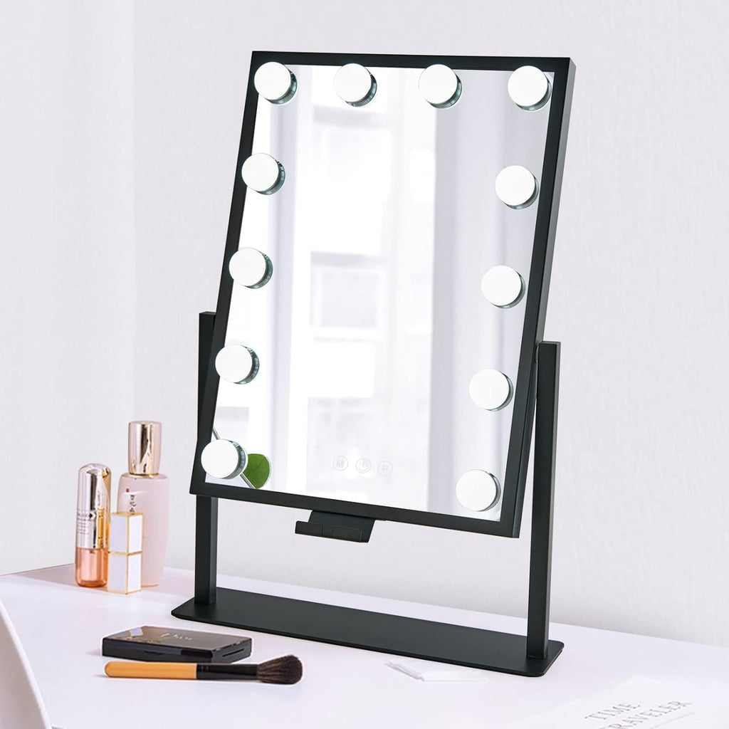 Hollywood-Style LED Vanity Makeup Mirror — 3 Color Lighting Modes, 9 Dimmable Diamond LED Bulbs, 10X Detachable Magnifier, 360° Rotation, Smart Touch Control (White)