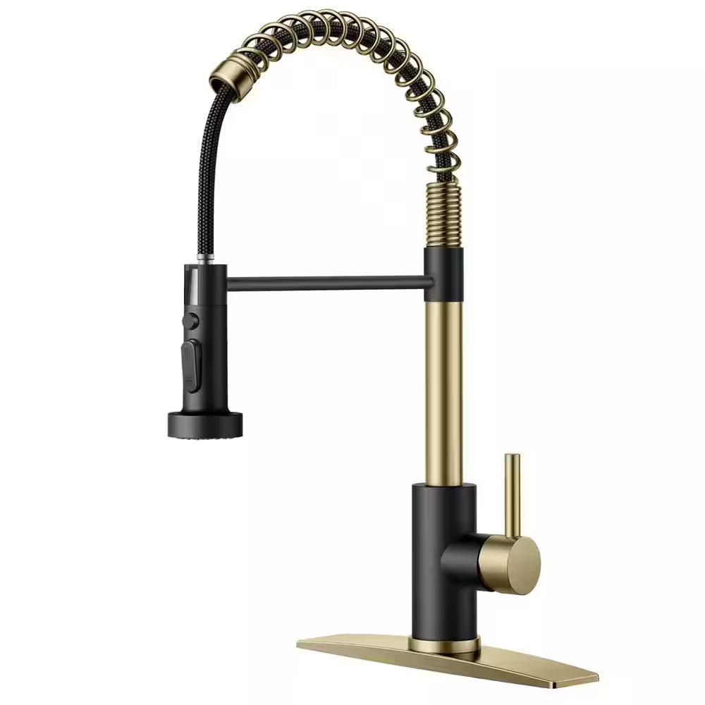 Single Handle Pull down Sprayer Kitchen Faucet with Deckplate and Swivel Spout in Black Gold