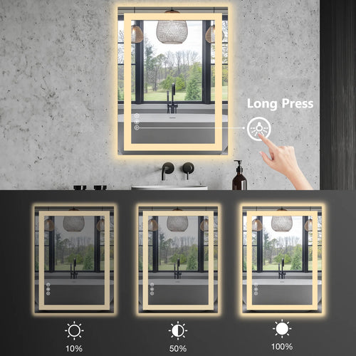 24” x 36” Smart LED Bathroom Vanity Mirror — Anti-Fog, Dimmable Backlit & Front-Lit Illumination, Memory Touch Control, Shatter-Proof Tempered Glass
