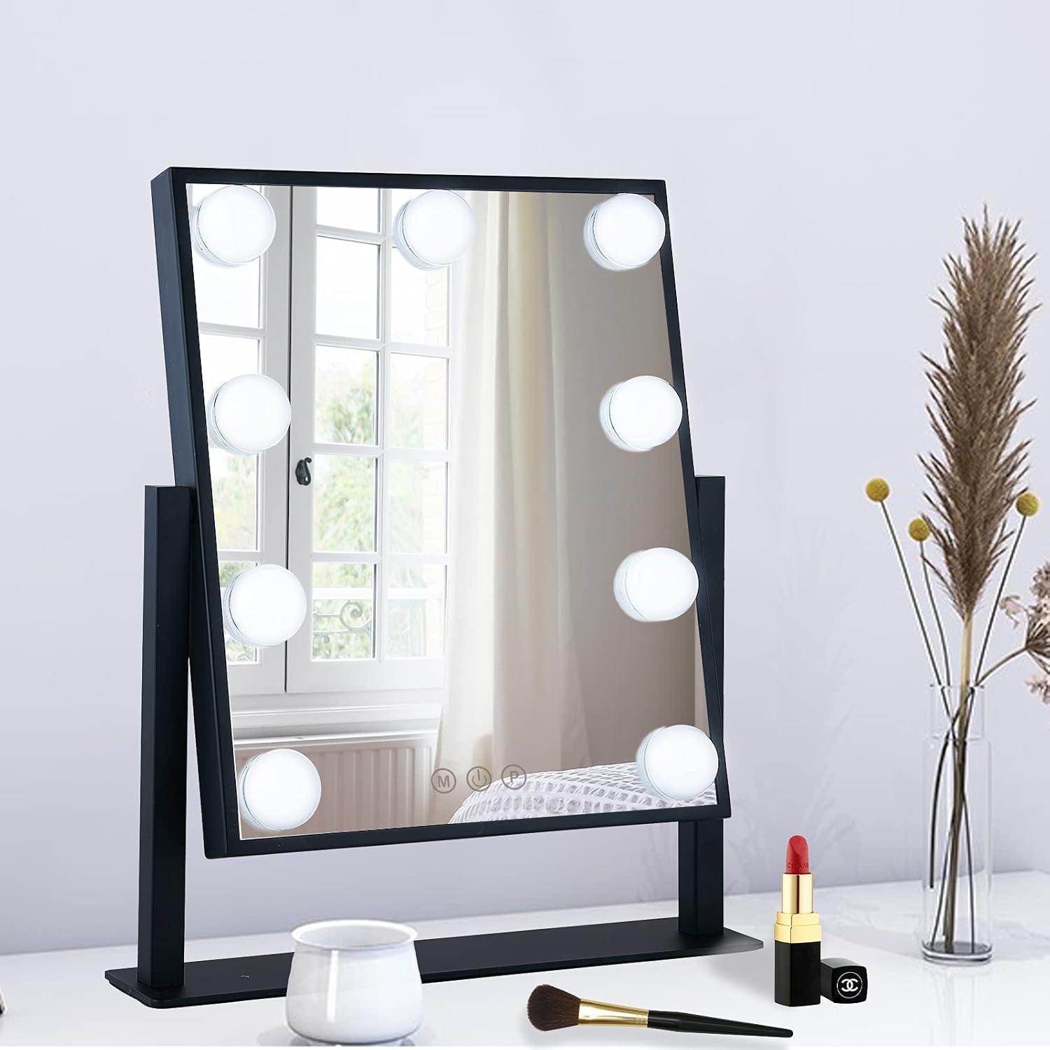 Hollywood-Style LED Vanity Makeup Mirror — 3 Color Lighting Modes, 9 Dimmable Diamond LED Bulbs, 10X Detachable Magnifier, 360° Rotation, Smart Touch Control (White)