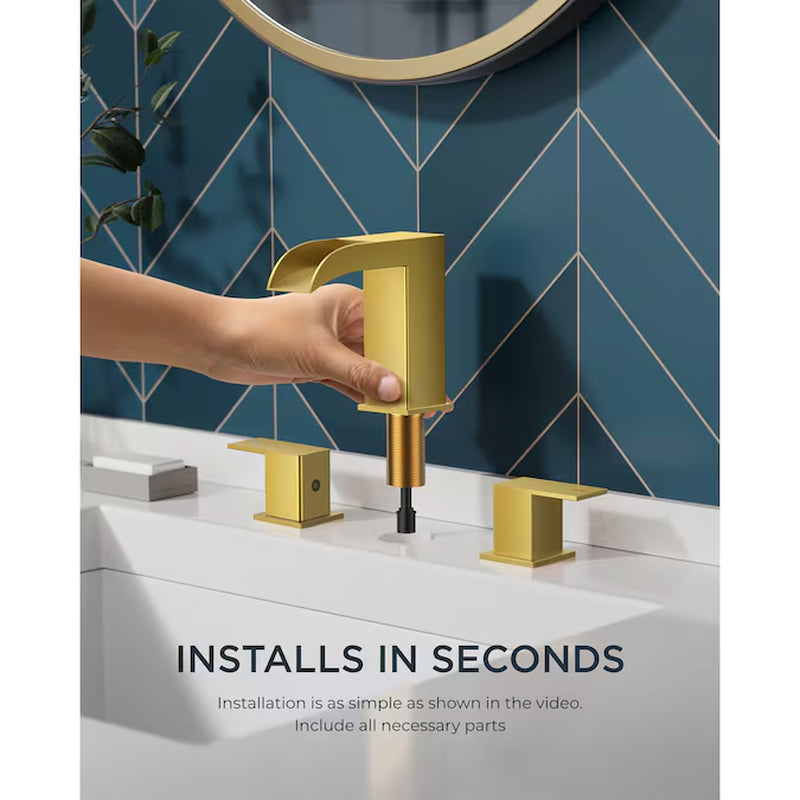 Brushed Gold Widespread Bathroom Sink Faucet – Dual Handle Waterfall Design with Drain, Commercial & Residential Use