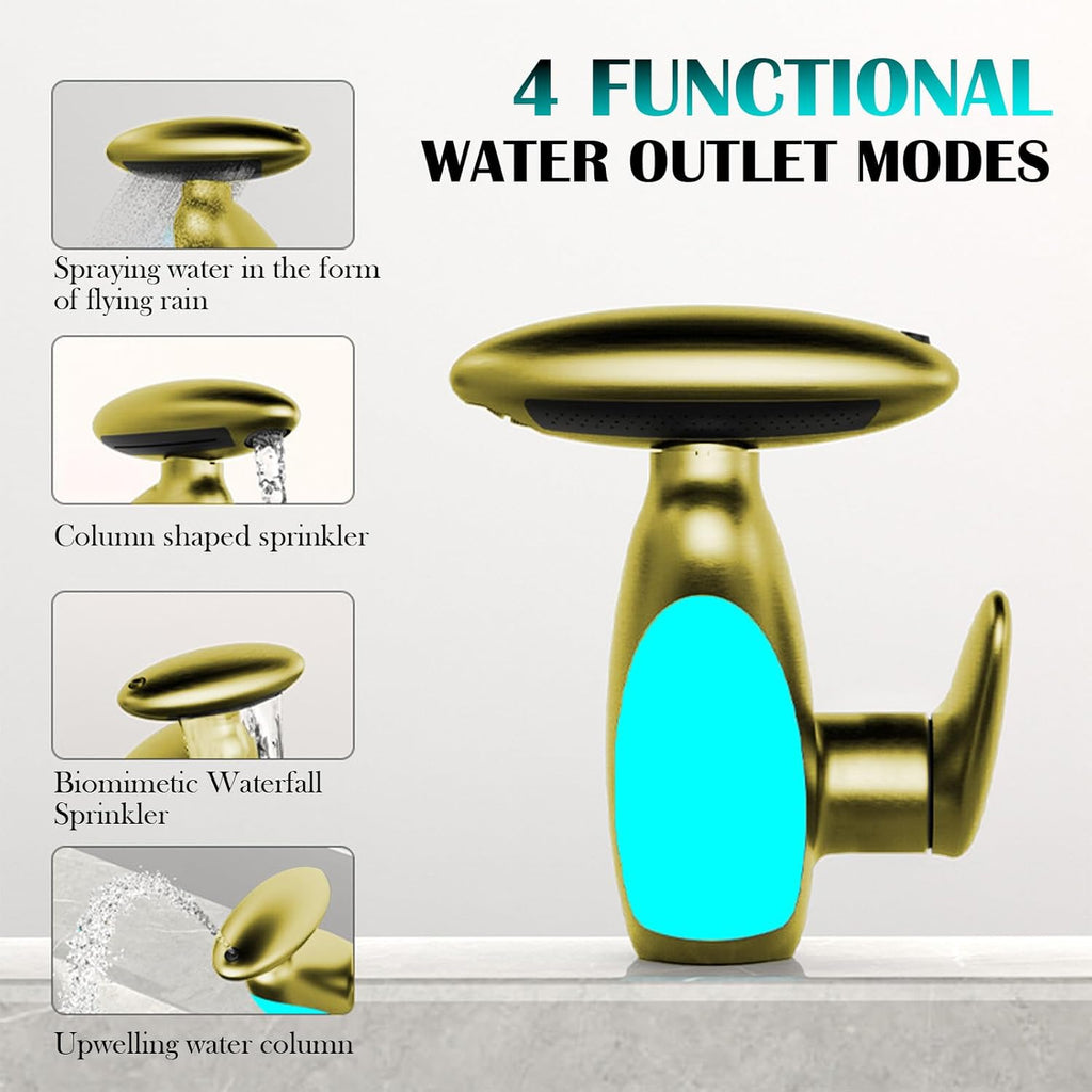 Modern Bathroom Faucet with Pull-Out Sprayer & LED Color-Changing Light, Waterfall Fountain 360° Swivel – 4 Spray Modes
