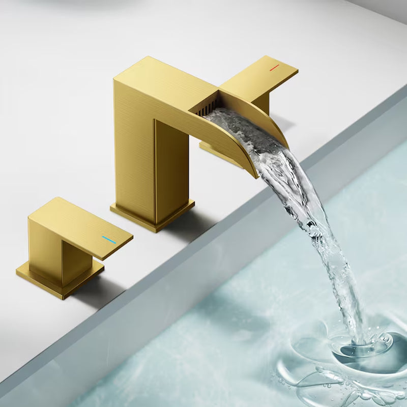 Brushed Gold Widespread Bathroom Sink Faucet – Dual Handle Waterfall Design with Drain, Commercial & Residential Use