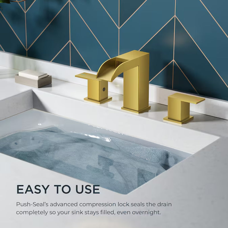 Brushed Gold Widespread Bathroom Sink Faucet – Dual Handle Waterfall Design with Drain, Commercial & Residential Use